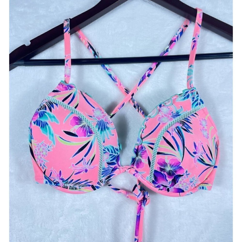 Vibrant Colorful Bikini Top Swim SHADE & SHORE Size 34C Tie Back Pink Teal